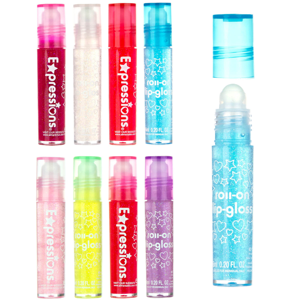 Expressions 8Pc Roll-On Glitter Lip Gloss Set For Kids - Assorted Flavors, 0.2 Fl Oz