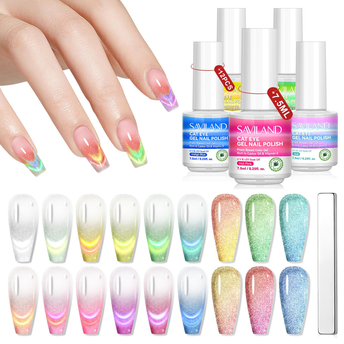 Saviland 12 Colors Pastel Cat Eye Gel Nail Polish Set With Glitter & Vitamin E, 0.25 Fl Oz