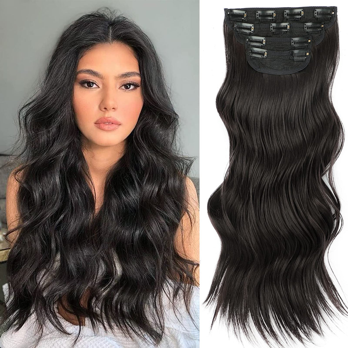 Vigorous 20&quot; Brown Black Clip-In Hair Extensions For Women - 4Pcs Synthetic Full Head Set