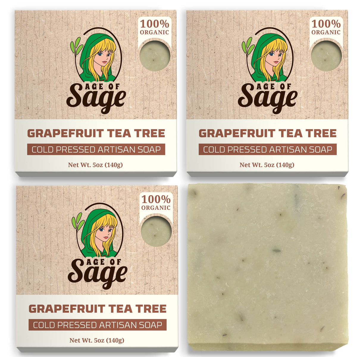 Age Of Sage Vegan Bar Soap Gift Set - 4 Handmade Cold Process Soaps With Grapefruit Tea Tree Scent