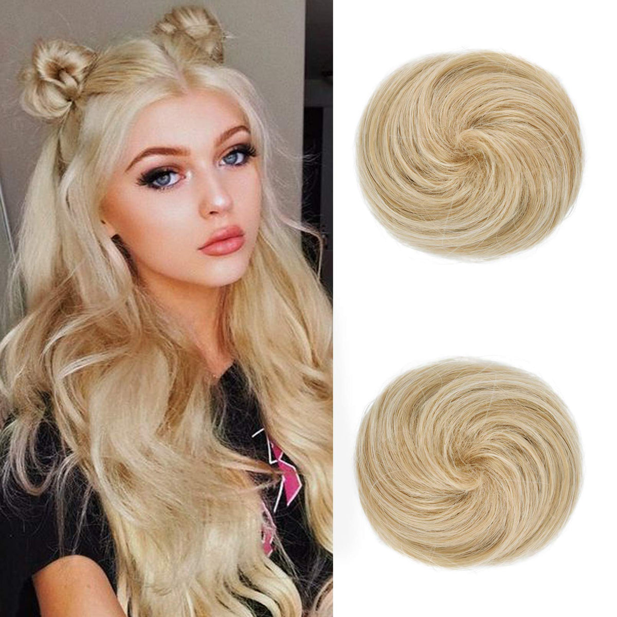 REECHO Mini Claw Clip Hair Bun Extensions, 2 PCS Messy & Cat Ears, Natural Blonde, 3&quot;