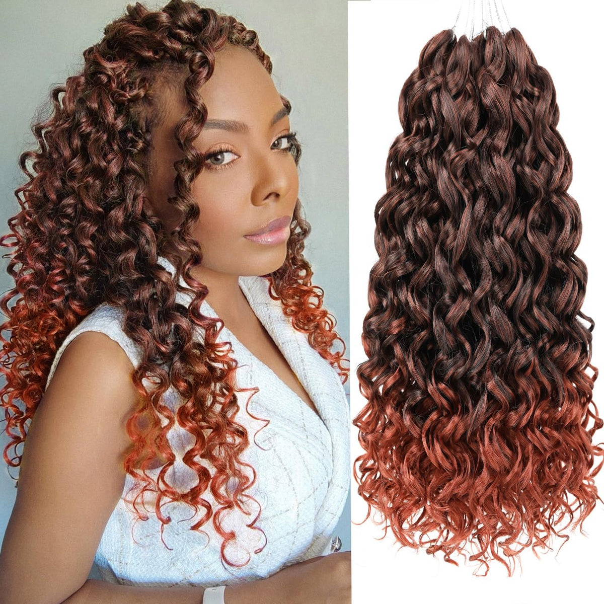 Zrq 18&quot; Ginger Deep Wave Crochet Hair, 8 Packs Curly Beach Curl Water Wave Synthetic