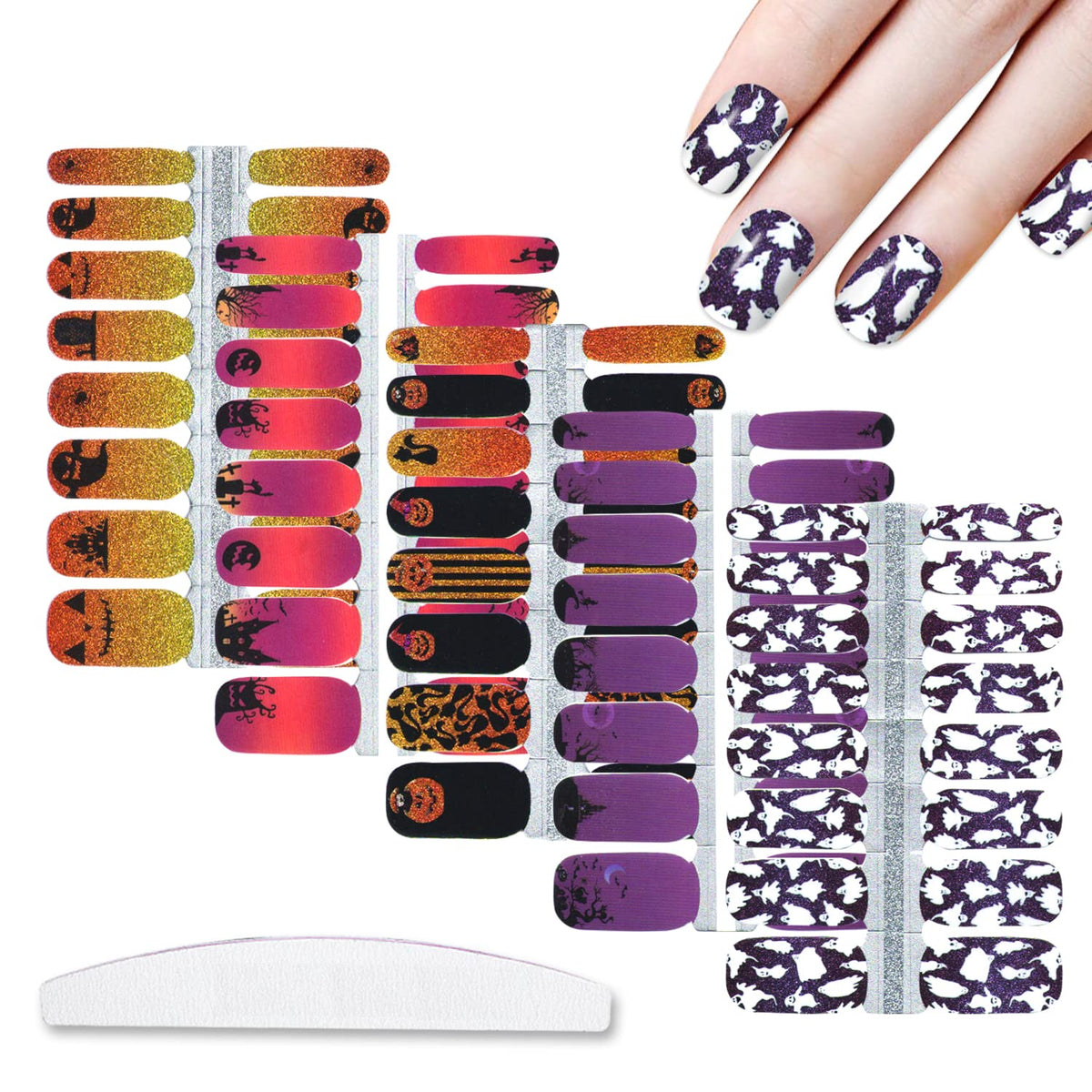 Wokoto Halloween Nail Strips - 5 Full Nail Wraps With Skull, Cat & Pumpkin Designs, Gel Polish