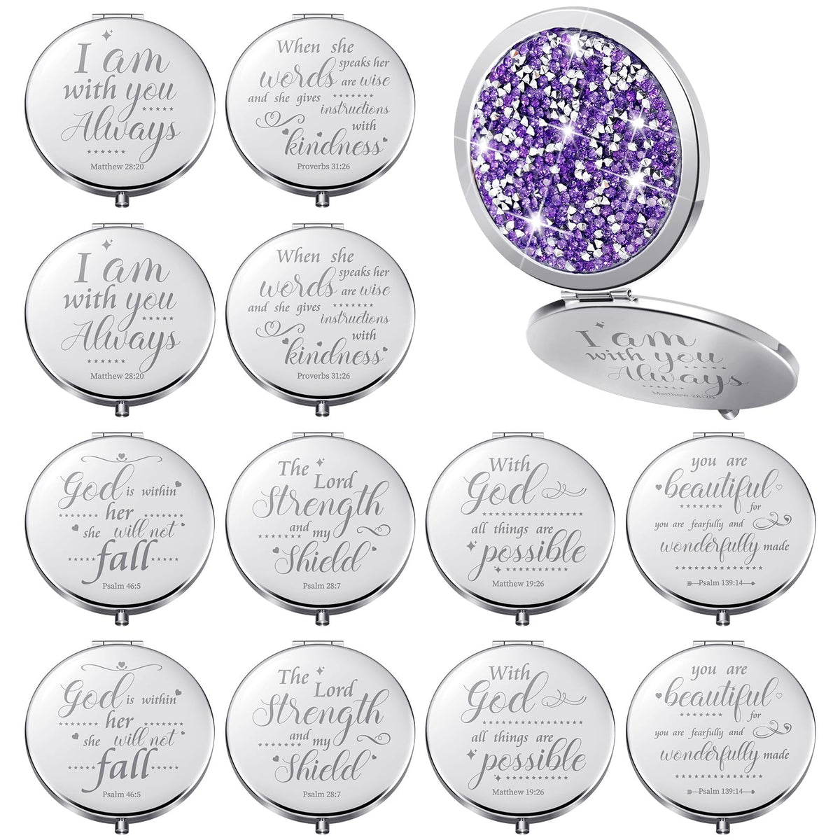 Thyle 12 Pcs Purple Christian Gifts - Bible Verse Makeup Mirror For Women, Inspirational Birthday Gift