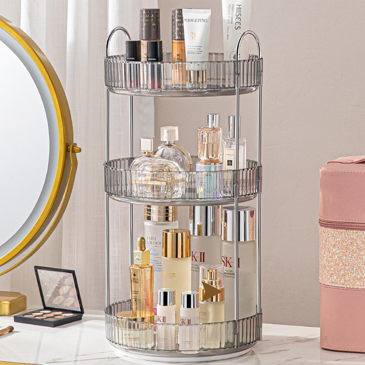 Aveniee 360 Rotating Makeup Organizer - 3 Tier Suya Grey Cosmetic & Skincare Holder