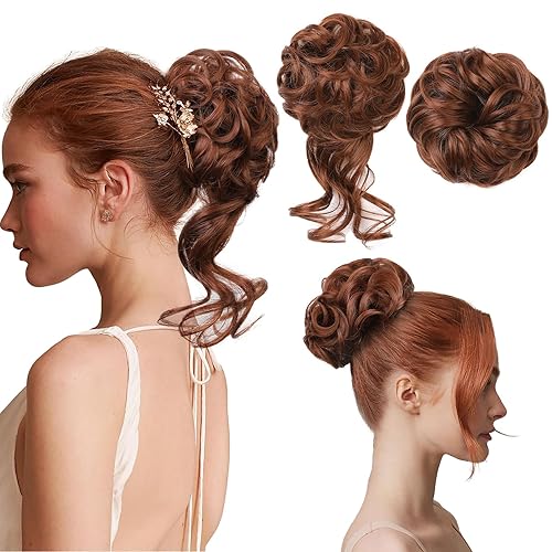 REECHO Dark Copper Hair Bun Piece - Classic Tousled Updo Scrunchies, Medium Pack of 2