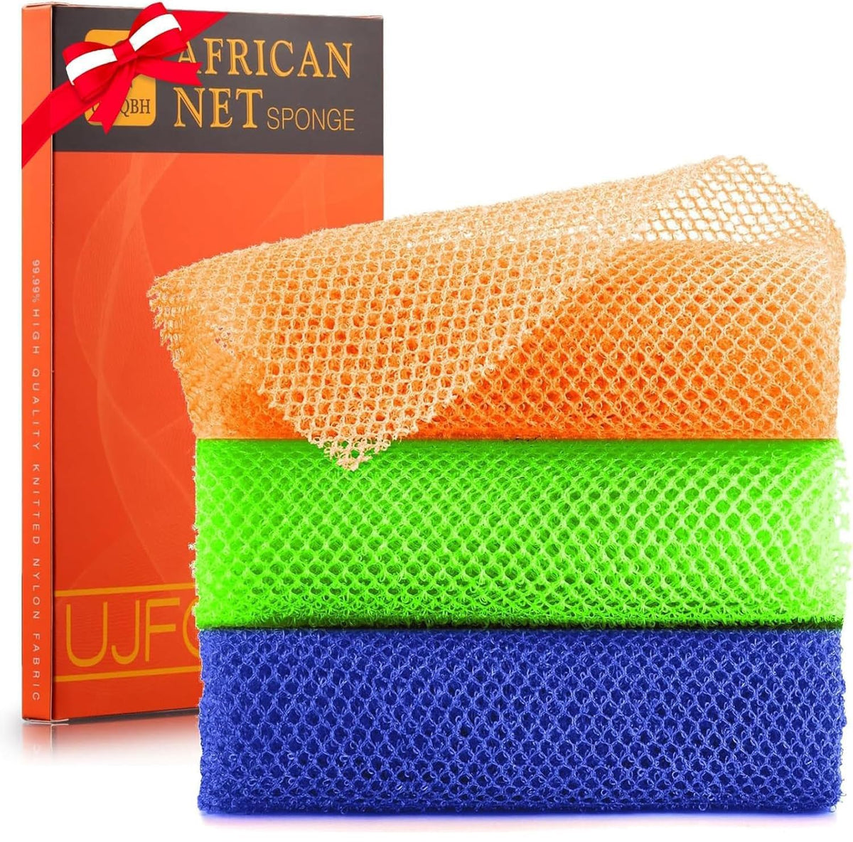 Ujfqbh 3 Pack African Bath Sponge - Exfoliating Nylon Body Scrubber In Orange, Blue, Green