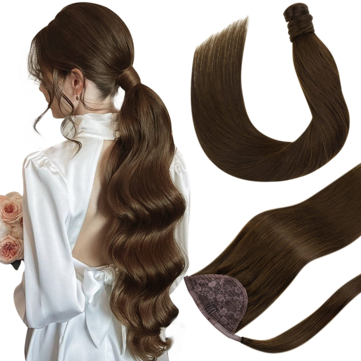 Hetto 18&quot; Brown Clip-In Ponytail Extensions - Dark Chocolate Human Hair #4, 80G