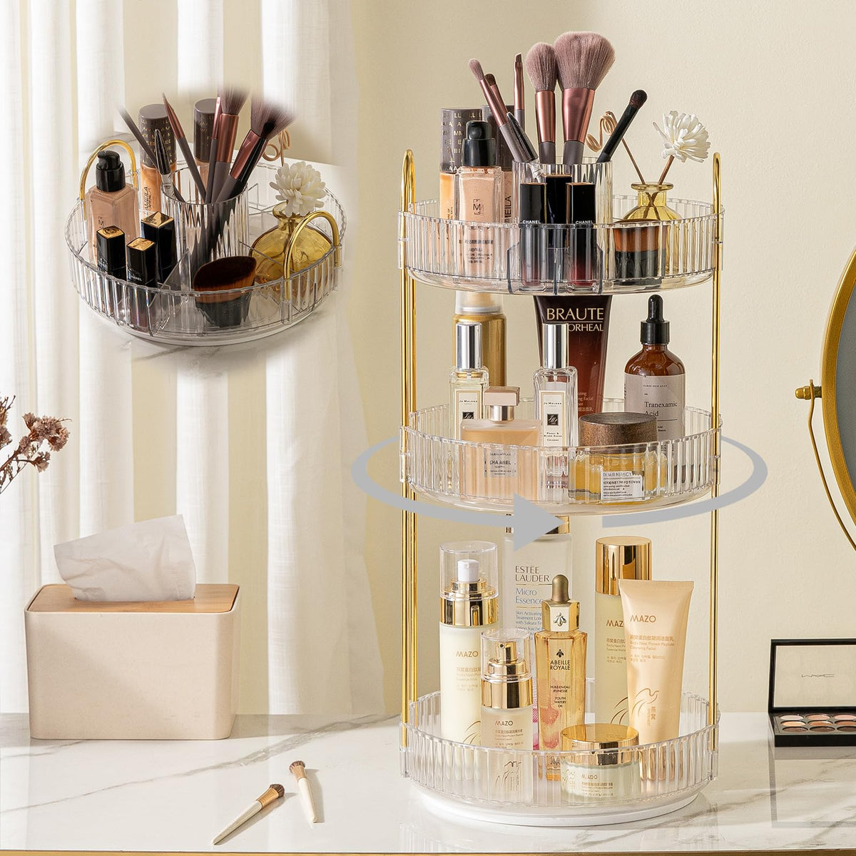 Shuang Qing 360° Rotating Makeup Organizer - 3 Tier Clear Vanity Storage For Skincare & Cosmetics