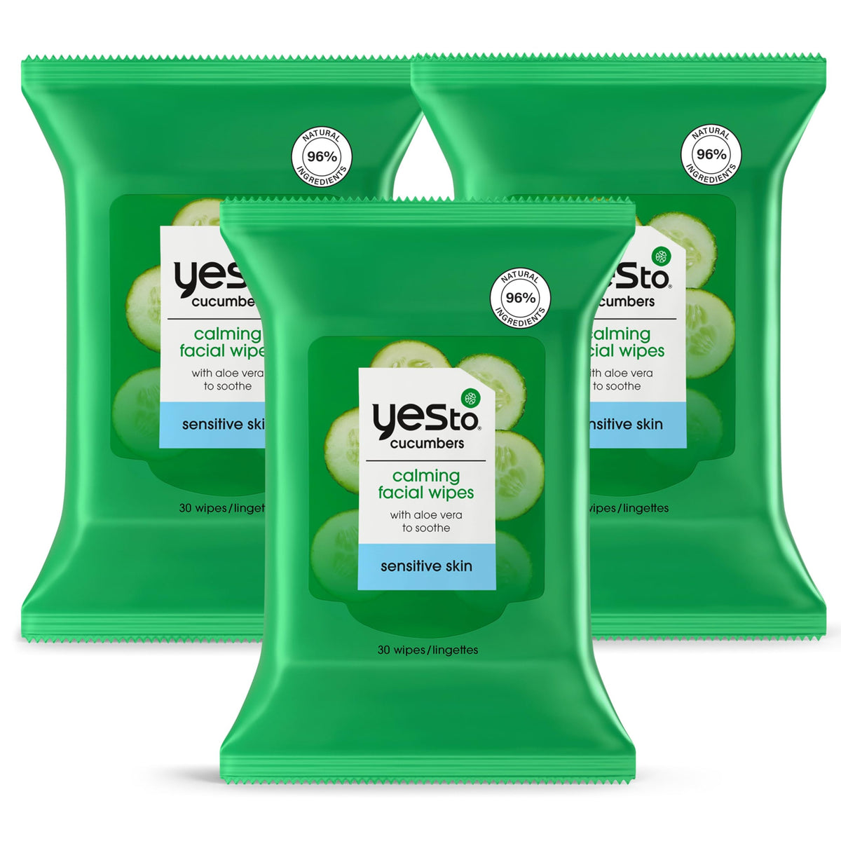 Yes To Sensitive Facial Cleansing Wipes, Makeup Remover, Cucumber, 30 Count, Green (Pack Of 3)