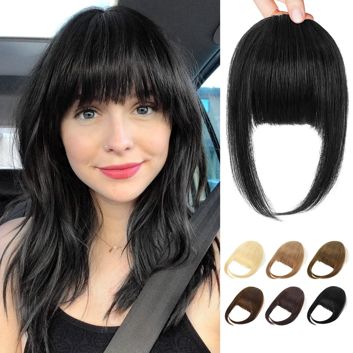 REECHO 100% Human Hair Bangs Clip-Ins, Warm Brown Wispy Layered Fringe with 3 Secure Clips