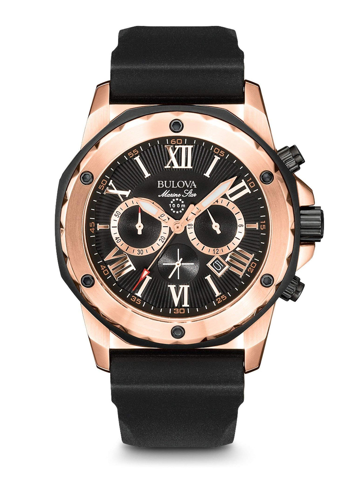 Bulova Men'S Marine Star 6-Hand Chronograph Watch, Rose Gold Stainless Steel, Black Silicone Strap