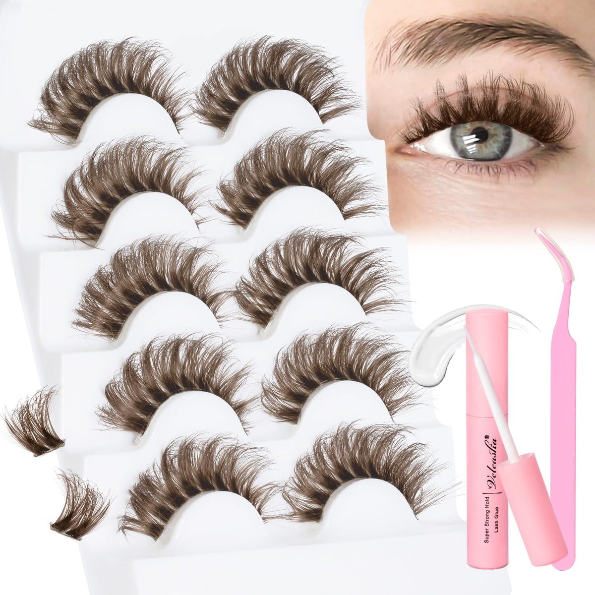 Veleasha Brown 3D Fluffy Lashes Kit with Glue & Tweezer - Soft, Lightweight, 5 Pairs