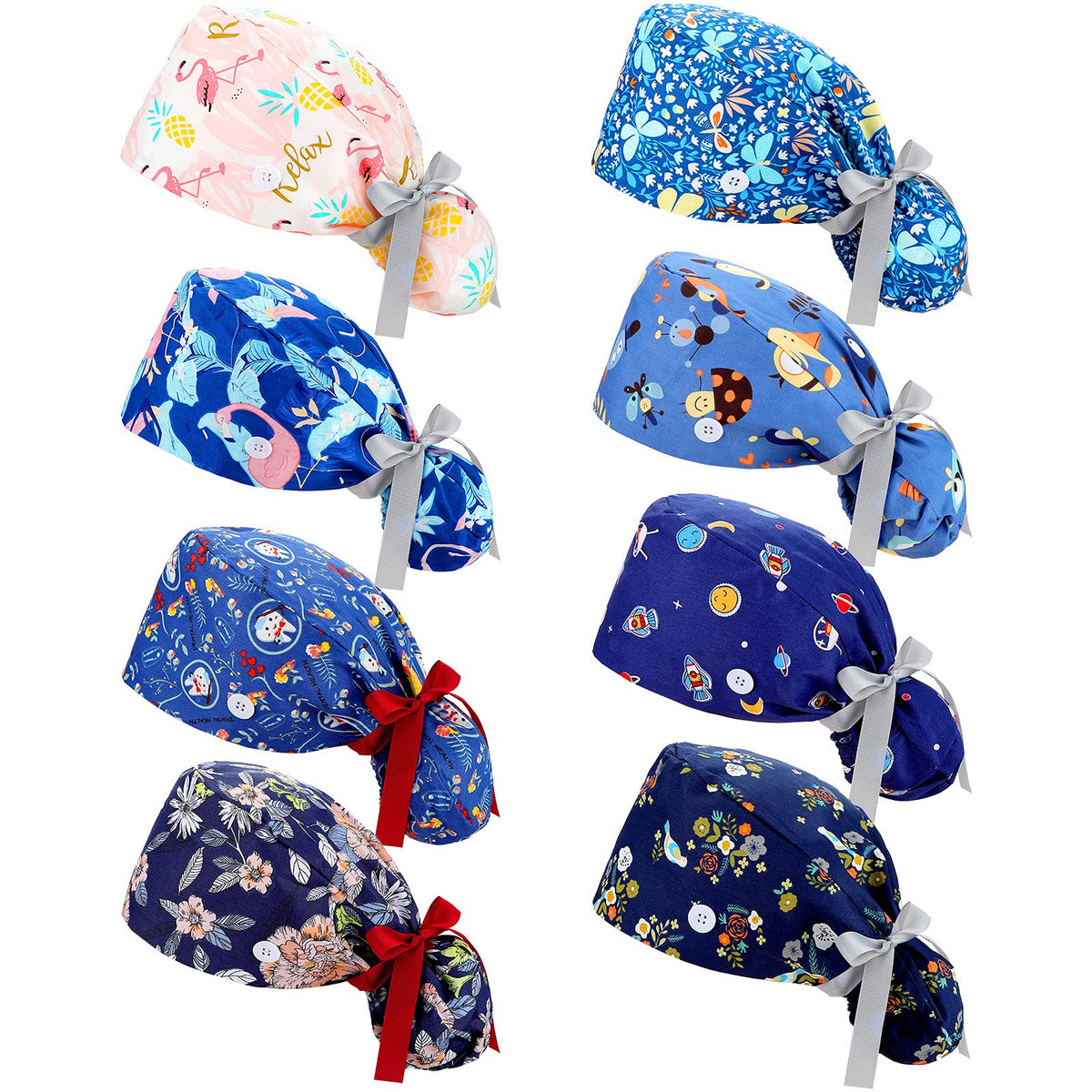 Honoson 8 Pieces Bouffant Scrub Caps with Buttons & Sweatband for Women - Classic Pattern