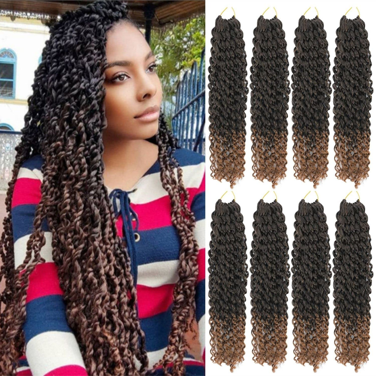 Ceajae 14&quot; Passion Twist Crochet Hair - Ombre Brown T30, 8 Pack, Synthetic Water Wave Extensions