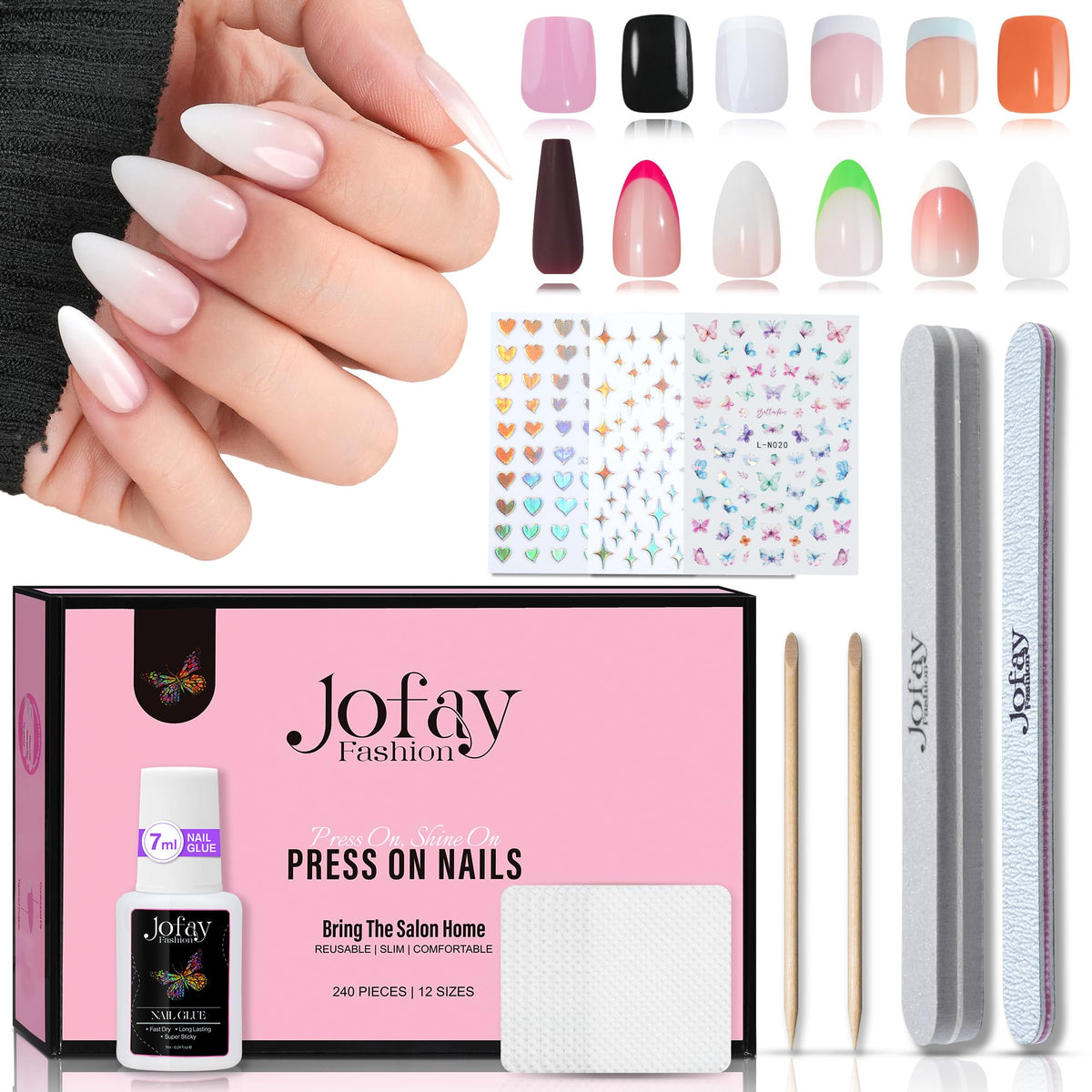 Jofay Fashion 12 Packs Press On Nails - French Tip Acrylic Stick On Nails For Women