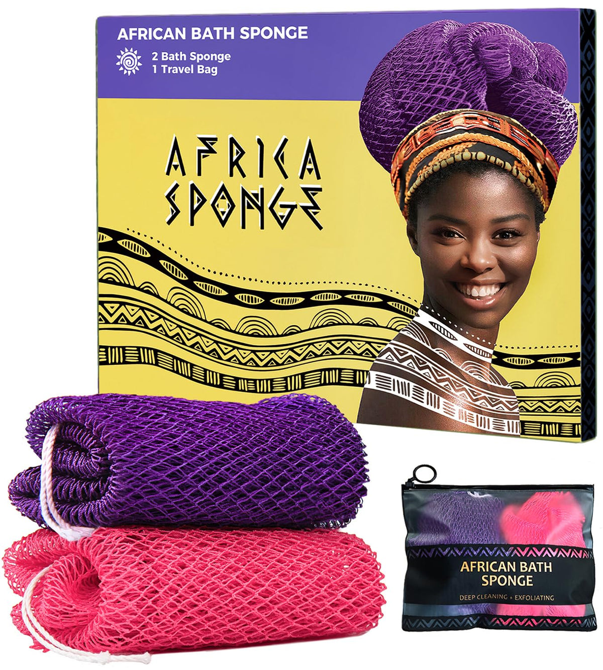 Relaxscene African Net Sponge - 2 Pack Exfoliating Body Scrubber With Travel Bag In Purple & Pink