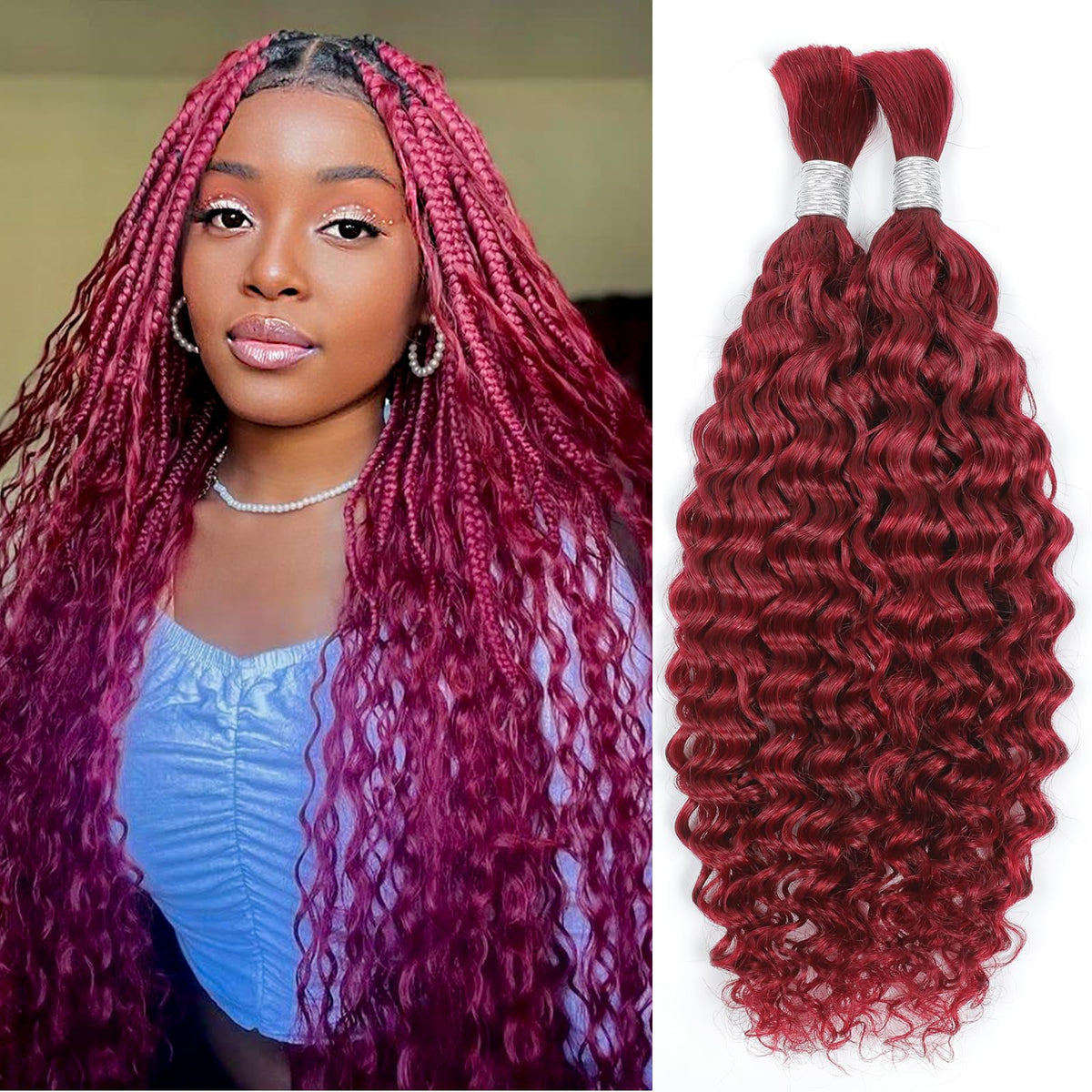 Showcoco 18&quot; Water Wave Human Braiding Hair Extensions 99J# - 2 Bundles For Box Braids