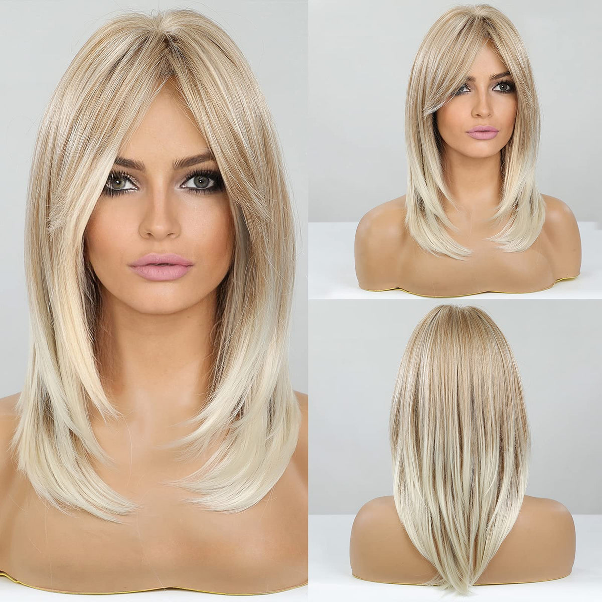 Haircube Long Layered Synthetic Blonde Wig With Bangs - 19 Inch Mixed Blonde Hair For Women