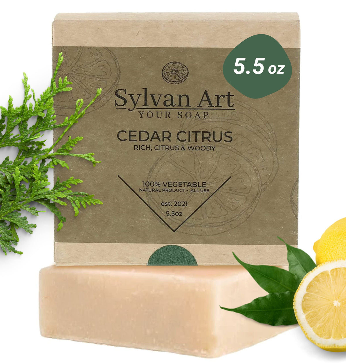 Sylvan Art Cedar Citrus Men'S Soap Bar - Handmade Organic Essential Oils, 5.5 Ounce