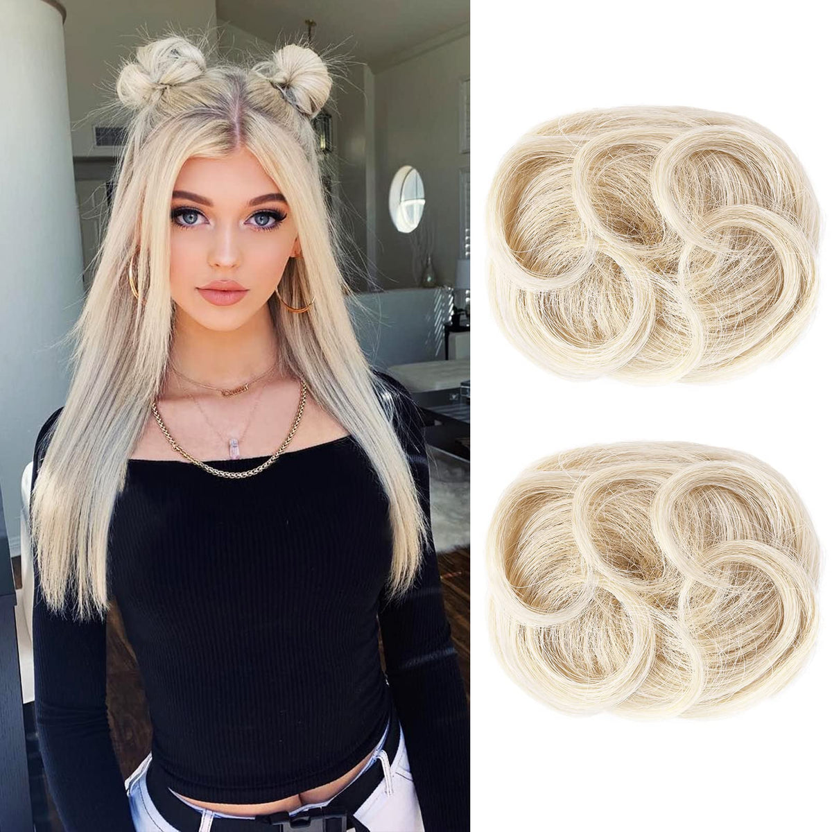 REECHO Mini Claw Clips - 2 Pack Wavy Hair Bun Extensions, Light Blonde Cat Ears Accessory