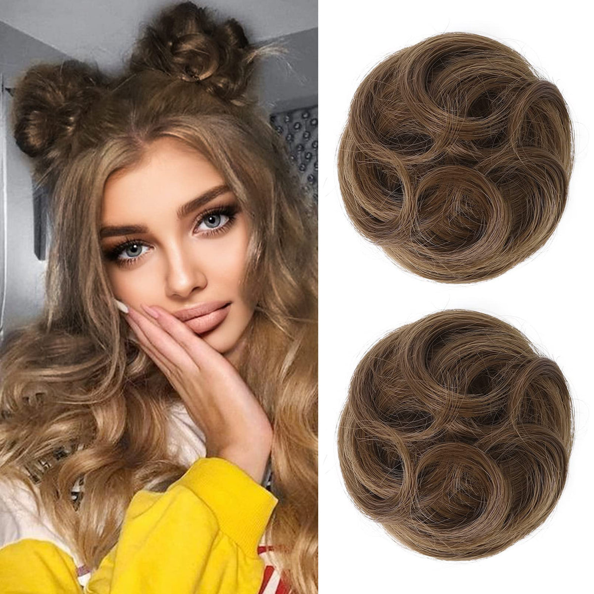 Reecho Mini Claw Clips - 2 Pack Messy Cat Ears Hair Bun Extensions, Light Chocolate Brown, 3.5&quot;