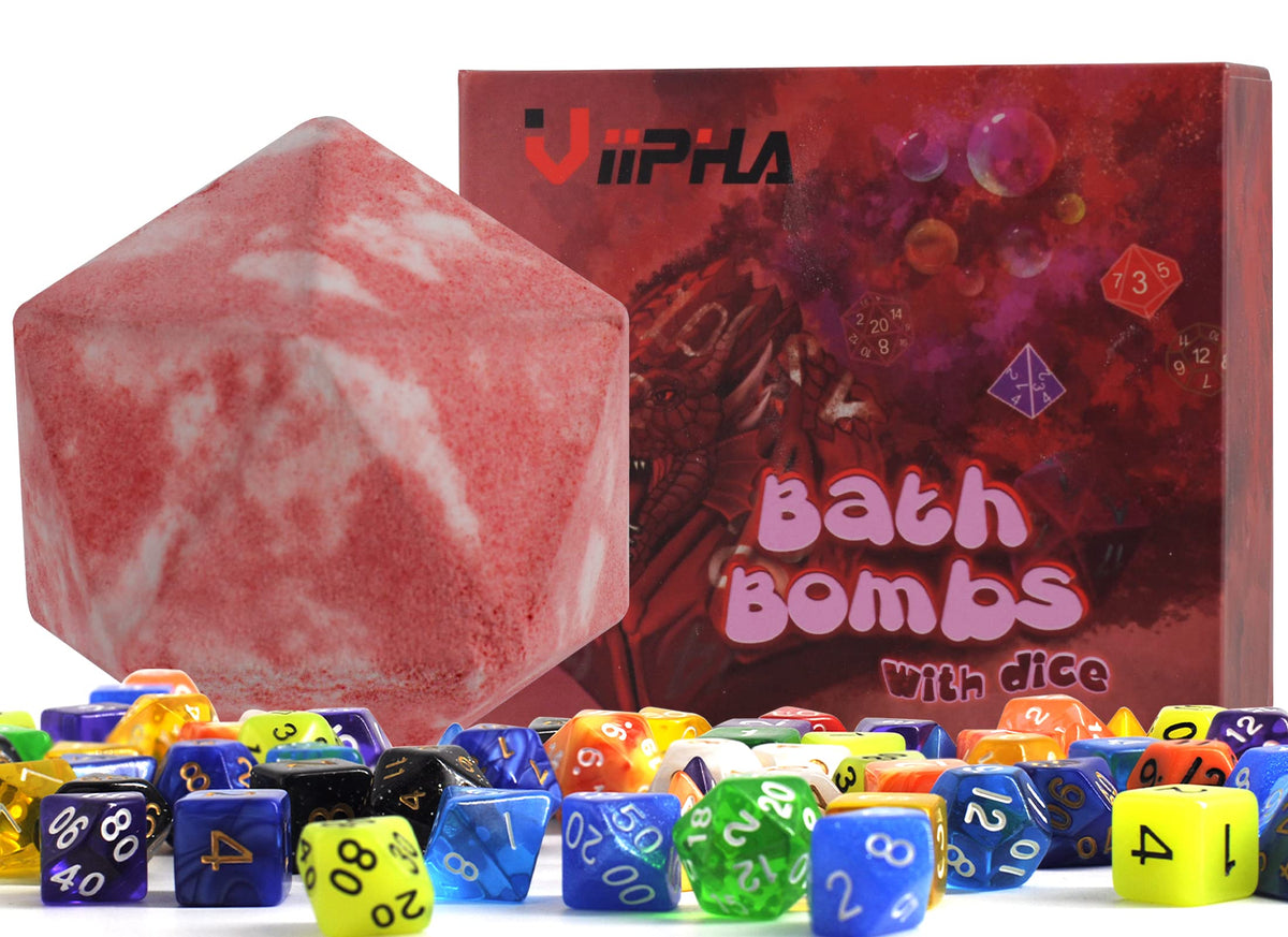 Viipha Huge D20 Bath Bomb With Polyhedral Dice - D&D Dragon Blood, 11Oz Gift Box For Rpg Fans