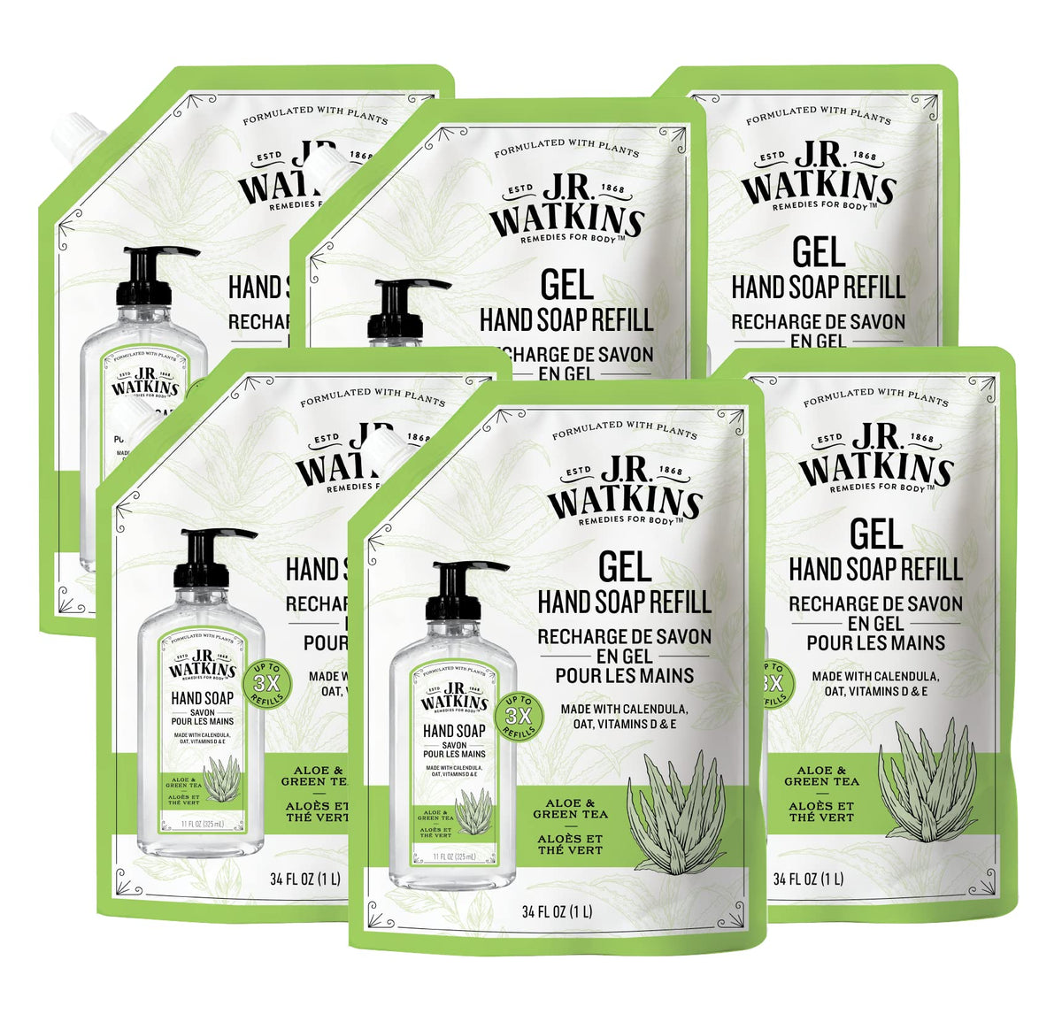 J.R. Watkins Aloe & Green Tea Gel Hand Soap Refill Pouch, 34 Fl Oz, 6 Pack, Cruelty