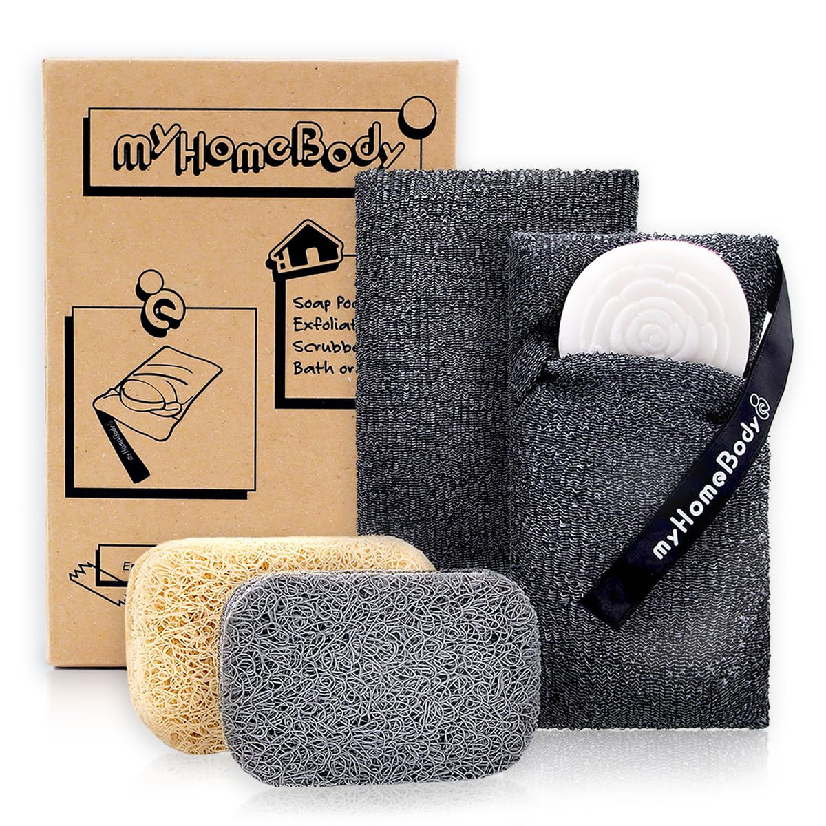 Myhomebody Exfoliating Soap Saver Pouch, Graphite Gray, 2 Count With Soap Lifting Pads