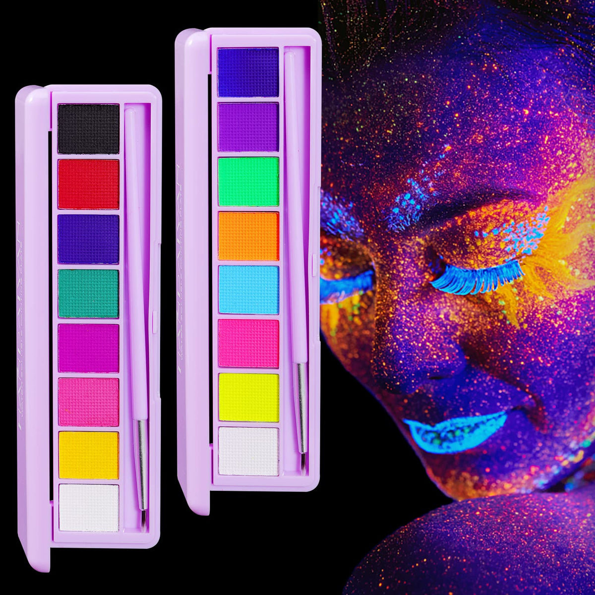 Dazarey 2Pack Water Activated Eyeliner Palette, 16 Colors Matte & Uv Glow Neon Makeup