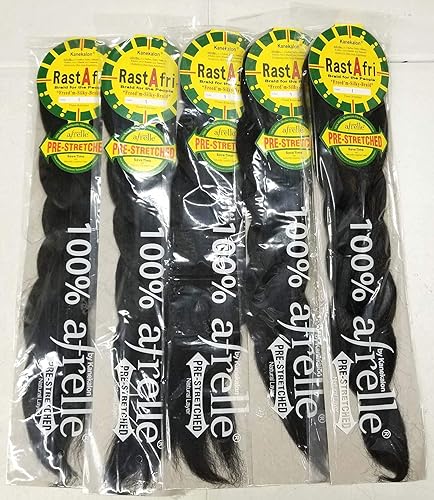 RastAfri Pre-Stretched Silky Braiding Hair, 5 Packs, Synthetic, Color #1