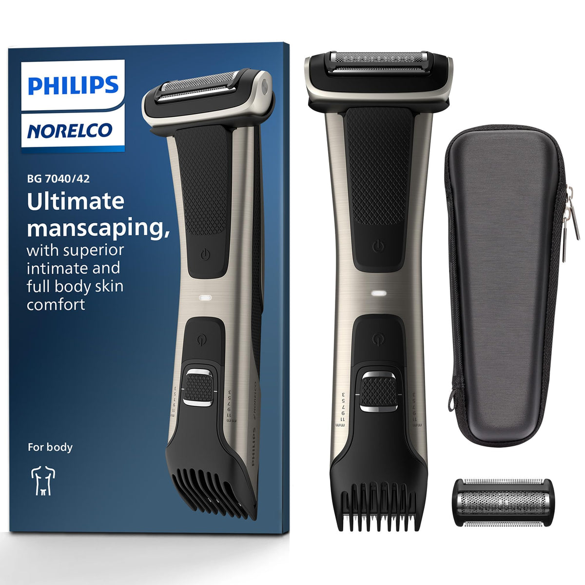 Philips Norelco Bodygroom 7000 Trimmer & Shaver - Showerproof, Handle, Case & Replacement Head