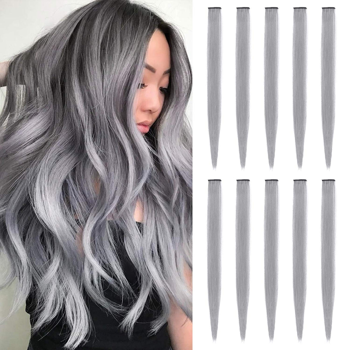 Tofafa 22&quot; Grey Clip-In Synthetic Hair Extensions, Multi-Color Highlights, 10 Pcs