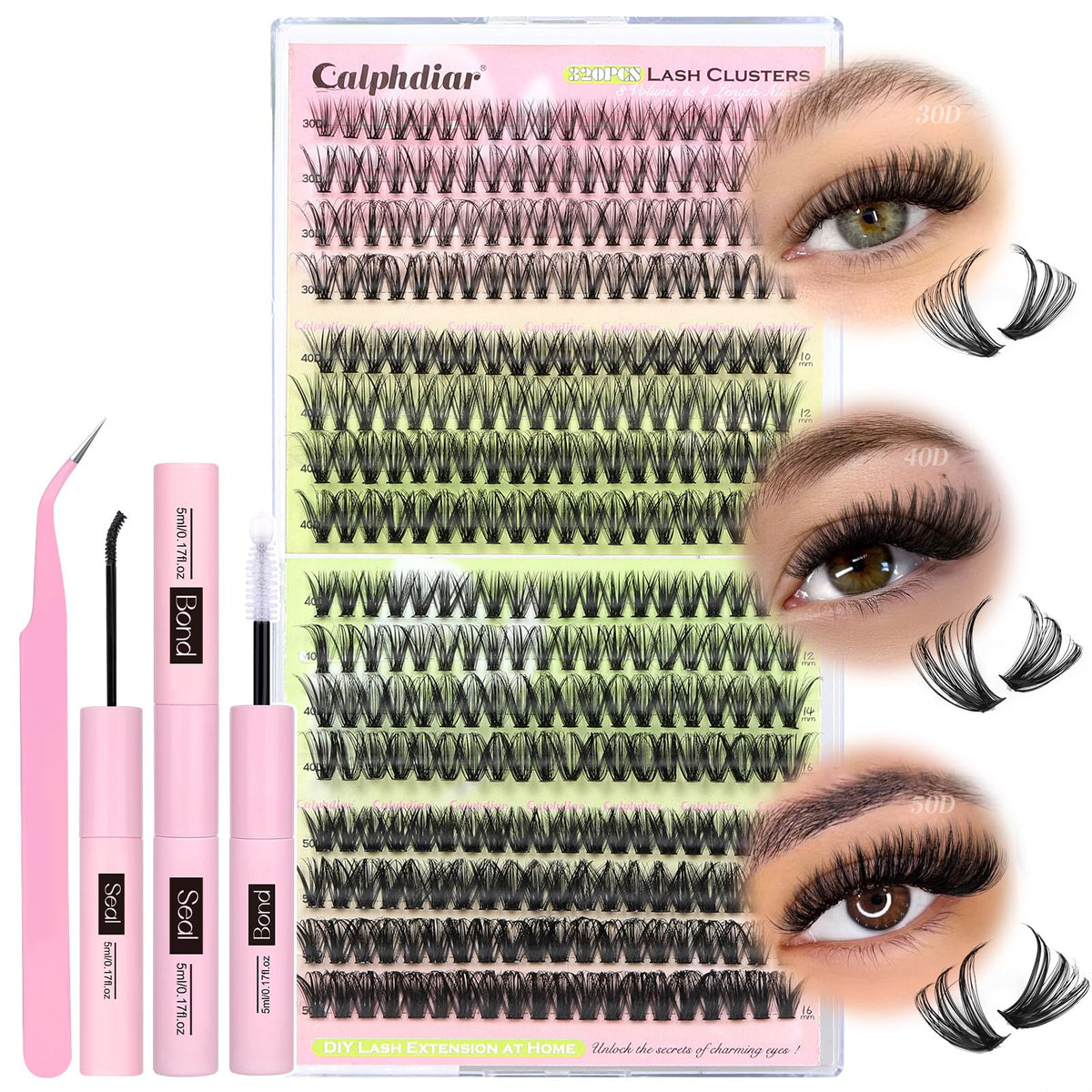 Calphdiar Lash Extension Kit - 320Pcs Wispy Clusters, D Curl, Waterproof, 10-16Mm Individual L