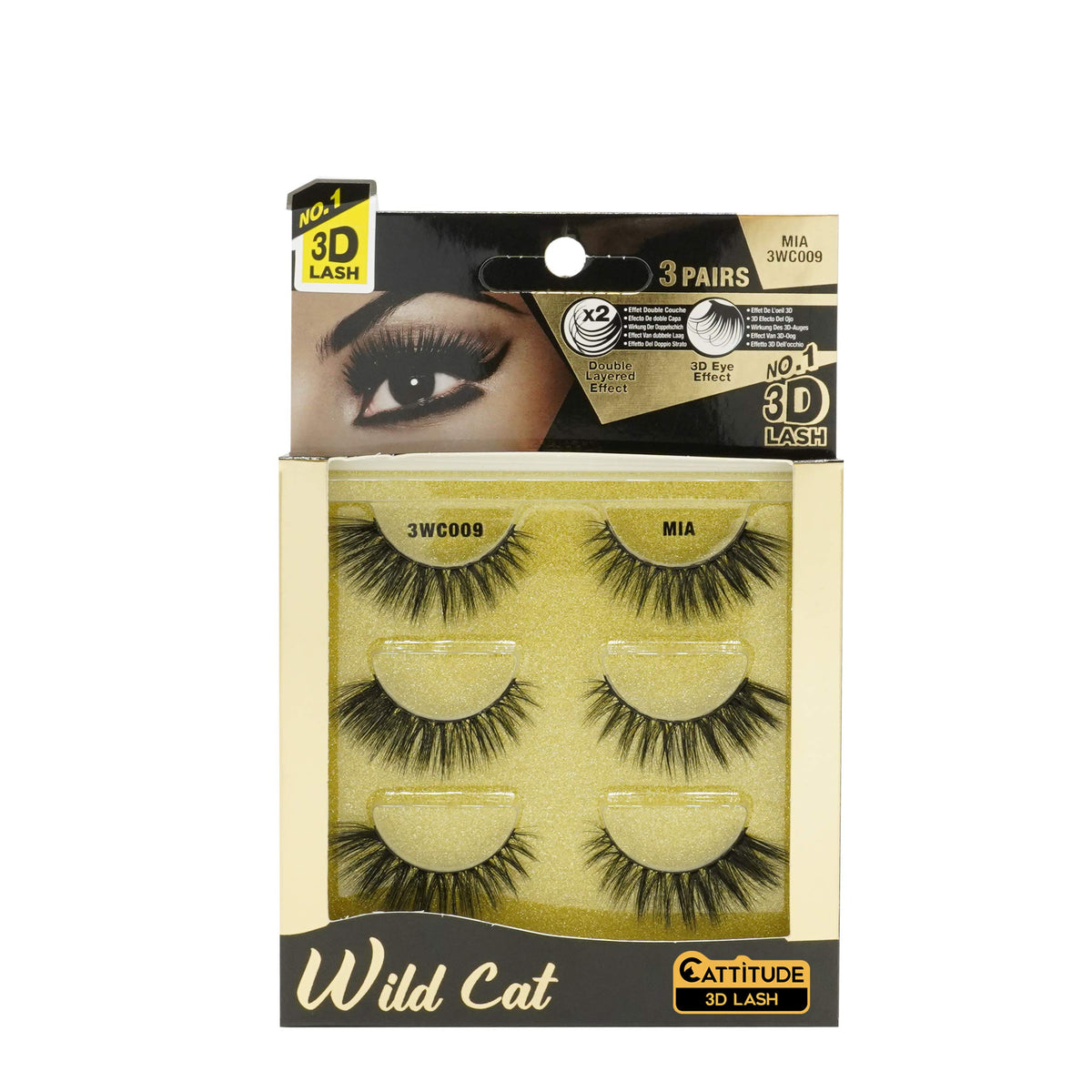 Ebin New York Cattitude 3D Lash - Wild Cat, Soft Tapered Fibers, 3 Pairs, Re