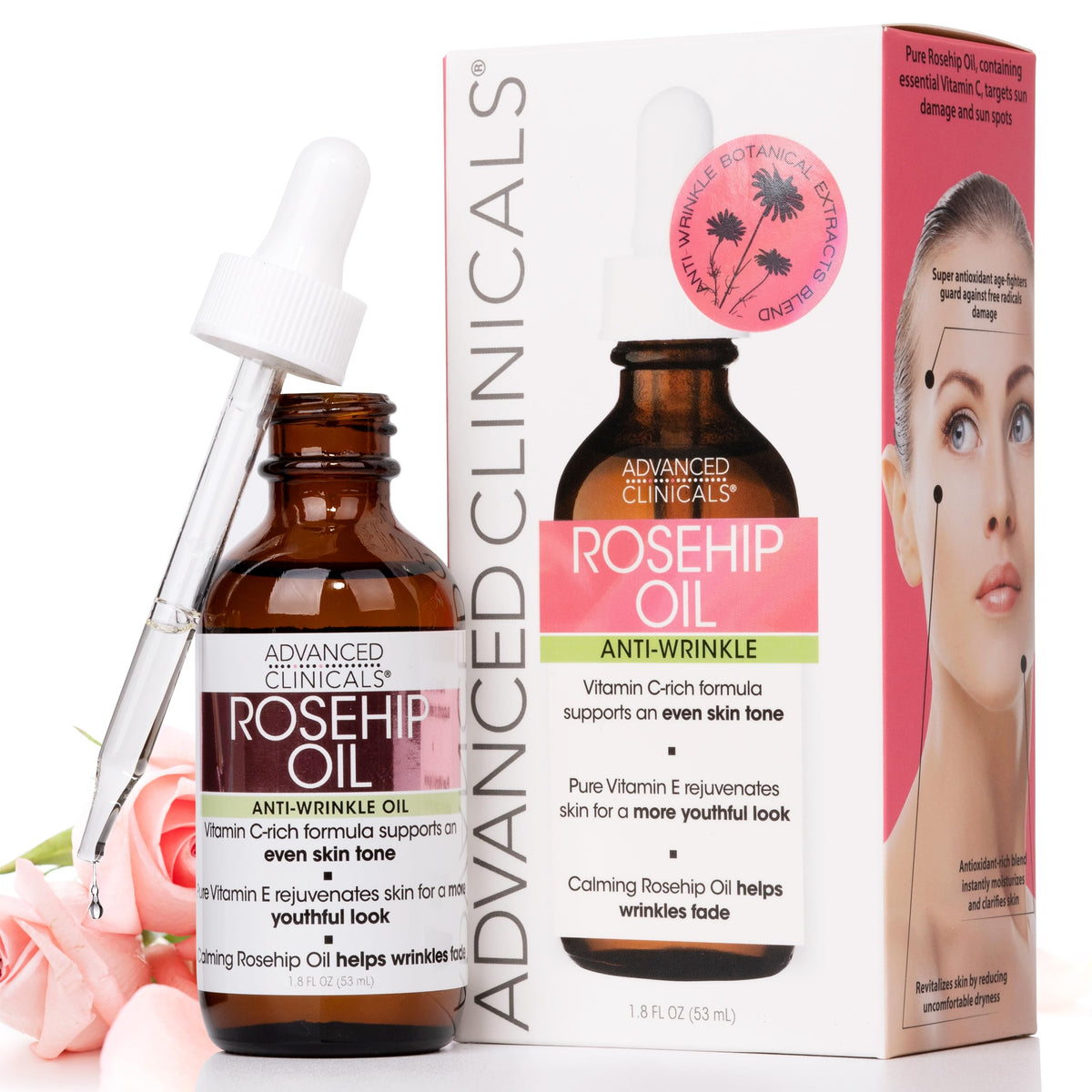 Advanced Clinicals Rosehip Oil Serum - Anti-Wrinkle Vitamin C & E Moisturizer For Face, 1.8 Fl Oz