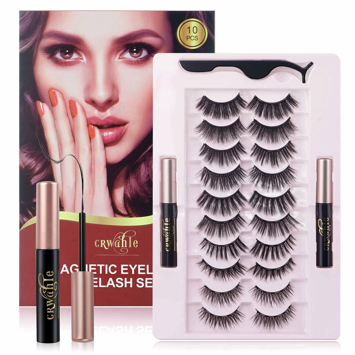 Crwahie Magnetic Eyelashes Kit - 10 Pairs 3D Reusable Lashes With Eyeliner & Tool, Sweat