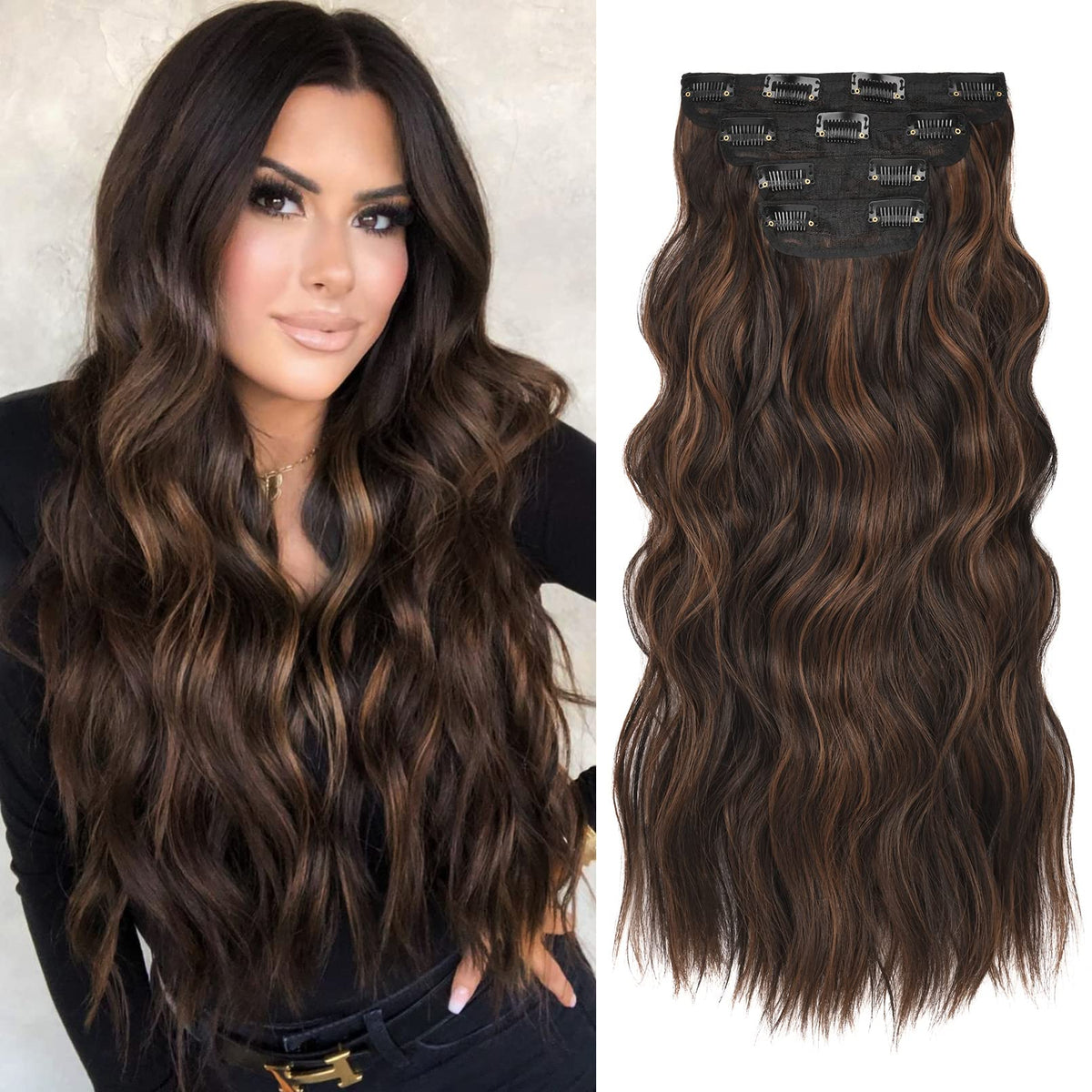 Reecho 20&quot; Clip In Hair Extensions, Chestnut Brown With Blonde Highlights, 4Pcs Synthetic Hairpieces