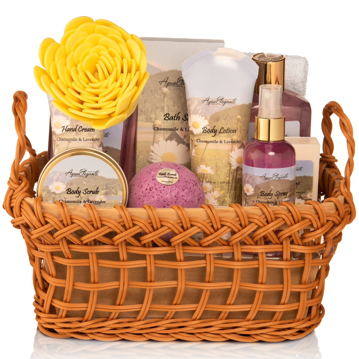 Aqua Elegante Luxury Spa Basket For Women - 13 Piece Lavender & Chamomile Bath Set