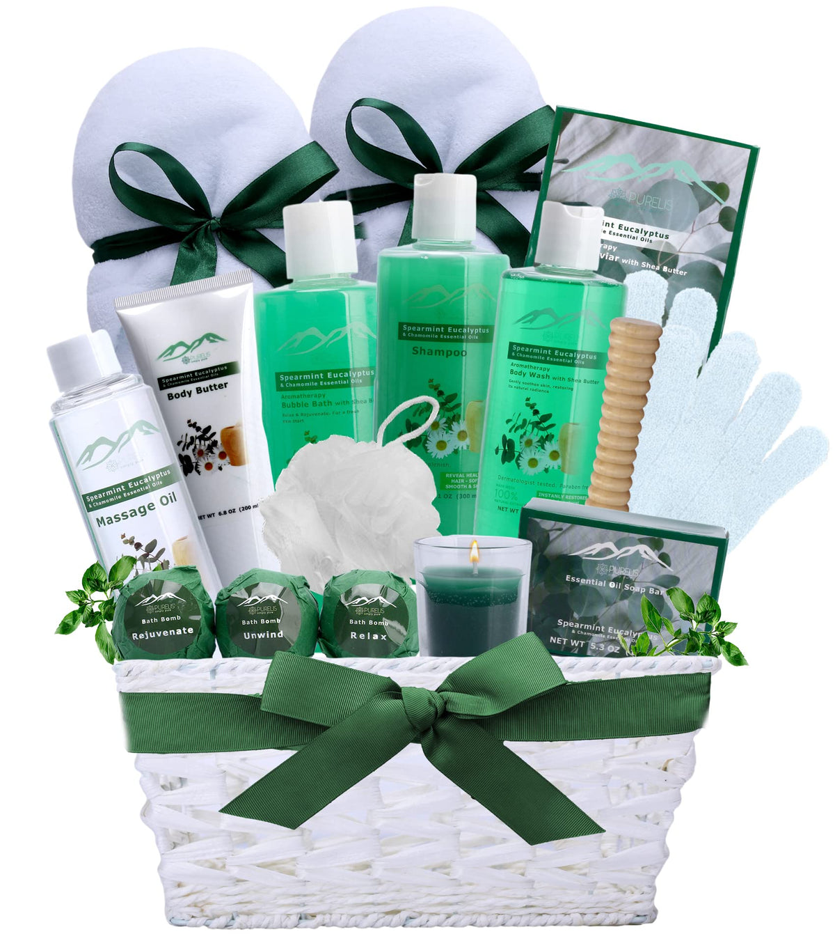 Purelis Xl Spa Gift Basket - Spearmint Eucalyptus Relaxation Set For Men & Women - 15 Pieces