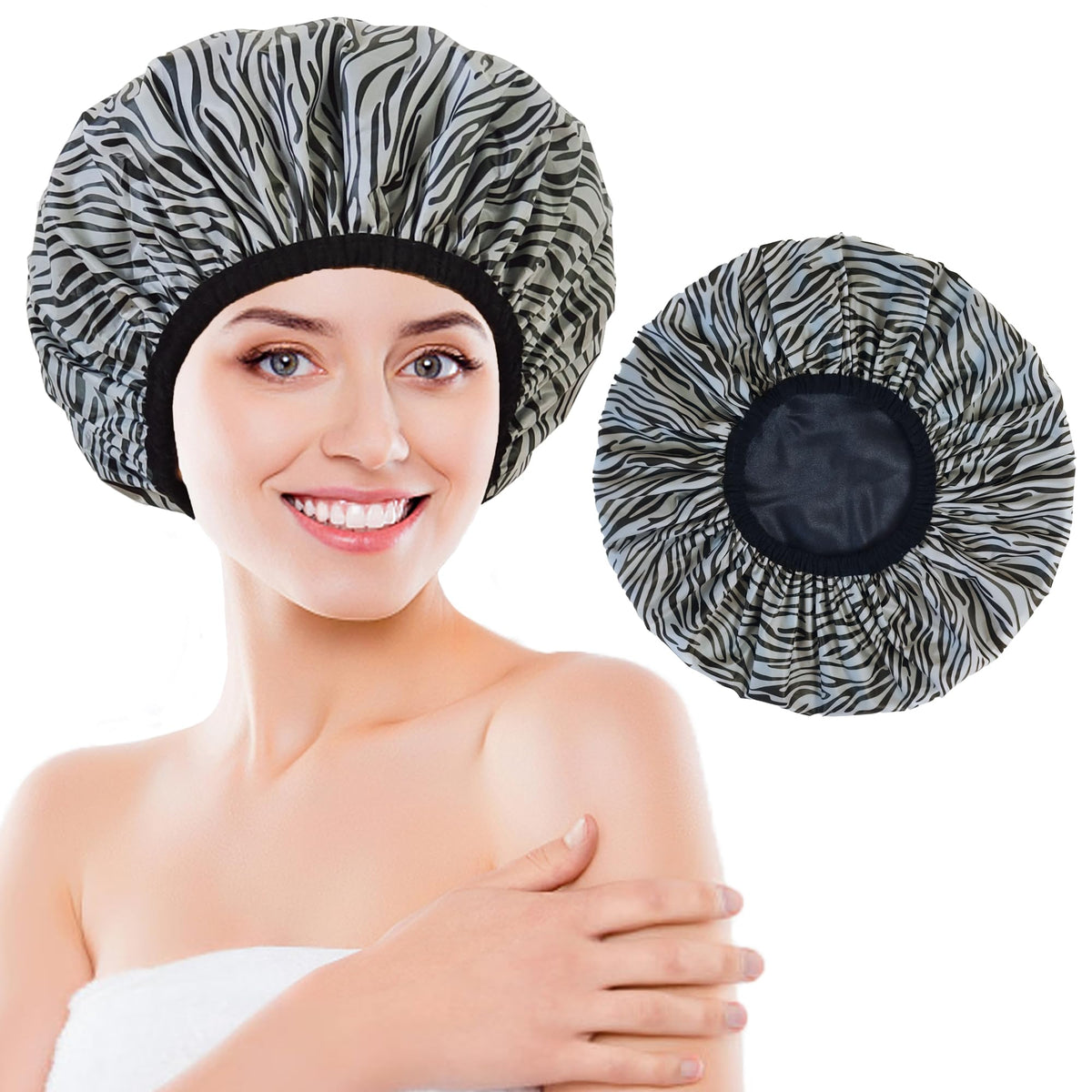 Choshion Large Zebra Stripes Shower Cap - Reusable Waterproof Satin Lined For Long Hair