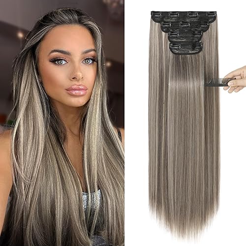 REECHO 28&quot; Clip-In Hair Extensions Set - Thick Ash Brown & Platinum Blonde Highlights, 320g