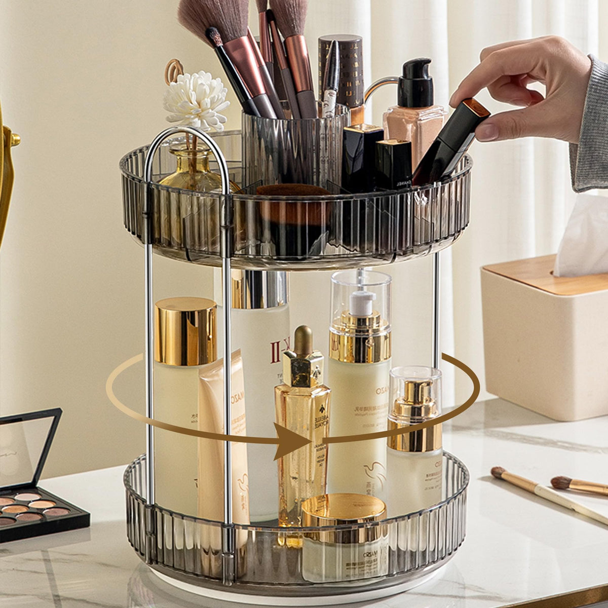 Aveniee 360° Rotating Makeup Organizer - 2 Tier Skincare & Lipstick Storage - Suya Grey