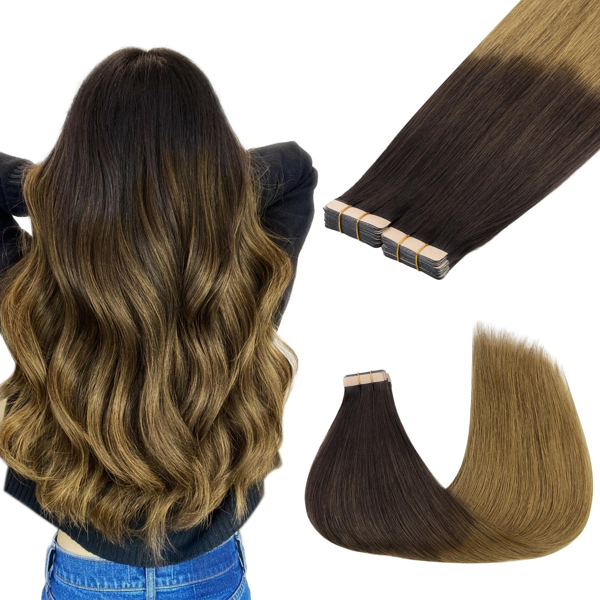 GOO GOO Tape in Hair Extensions, 14inch 100g, Human Hair, Chocolate Dip Color Melt, 40pcs