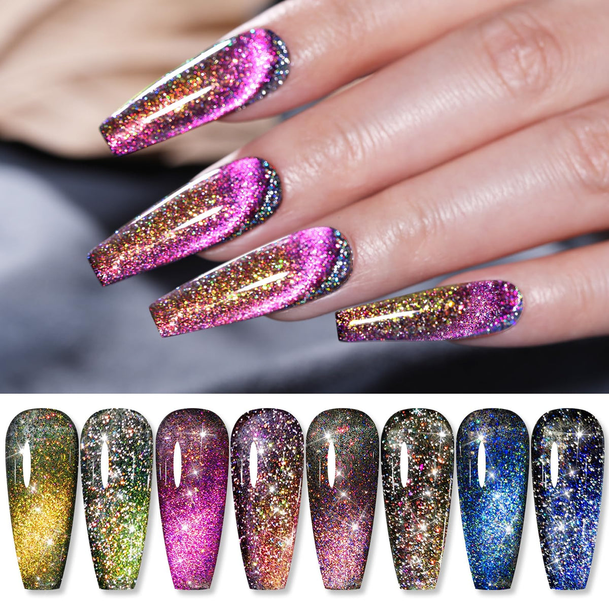 Born Pretty 9D Cat Magnetic Eye Gel Nail Polish Set - Reflective Glitter Holographic 4Pcs