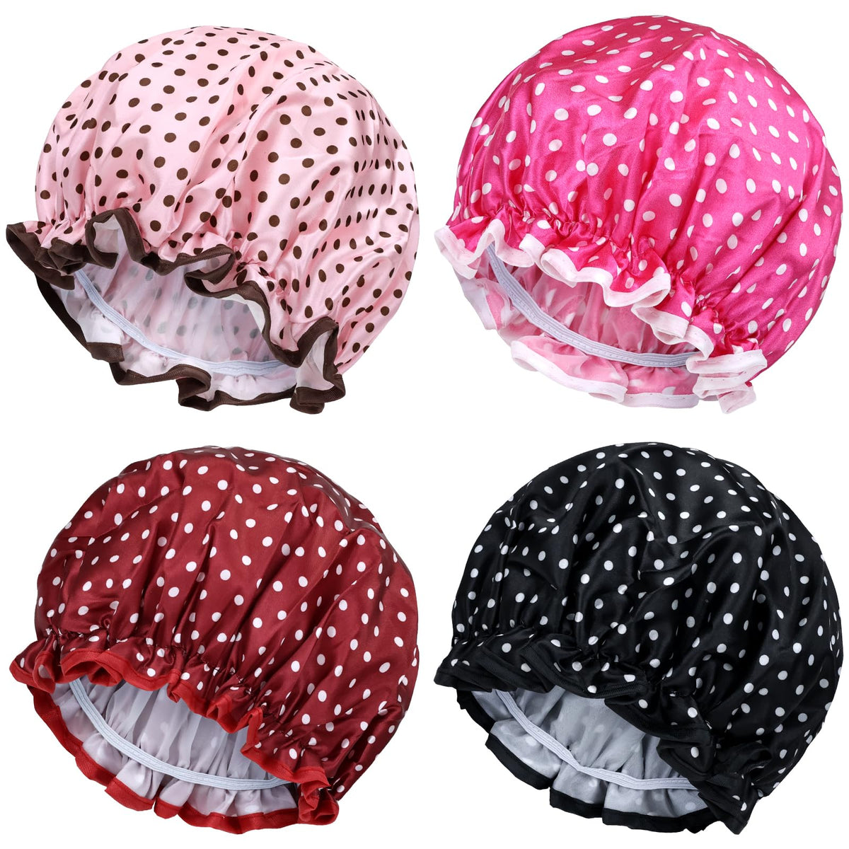 Lawie 4 Pack Large Waterproof Satin Shower Caps For Women - Adjustable Bath Hair Cover Bonnets