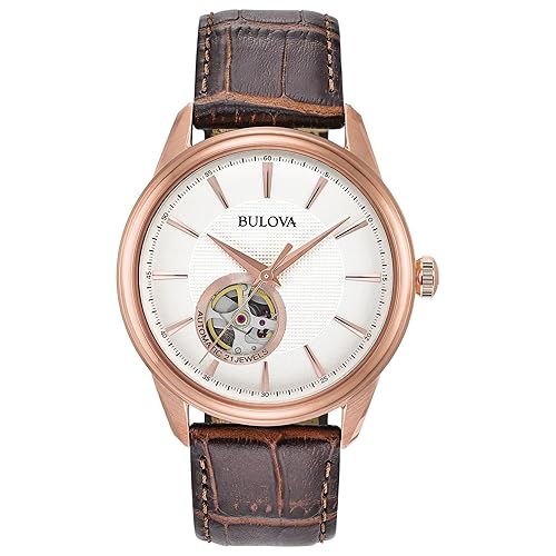 Bulova Men'S Classic 3 Hand Automatic Watch, Rose Gold Case, Brown Leather Strap, Silver Dial