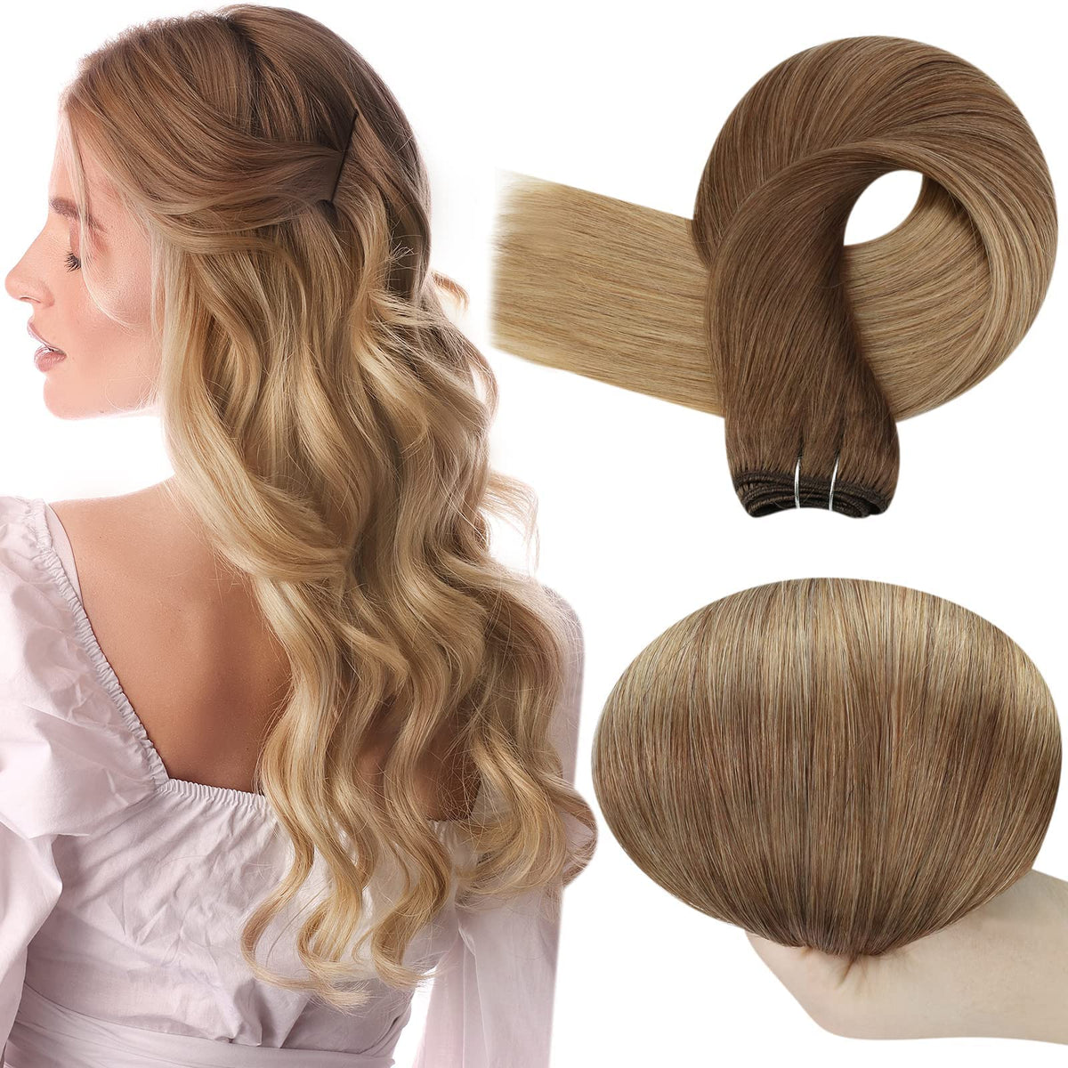 Full Shine 20&quot; Remy Human Hair Extensions Double Weft Balayage #10/14 Golden Blonde 105g