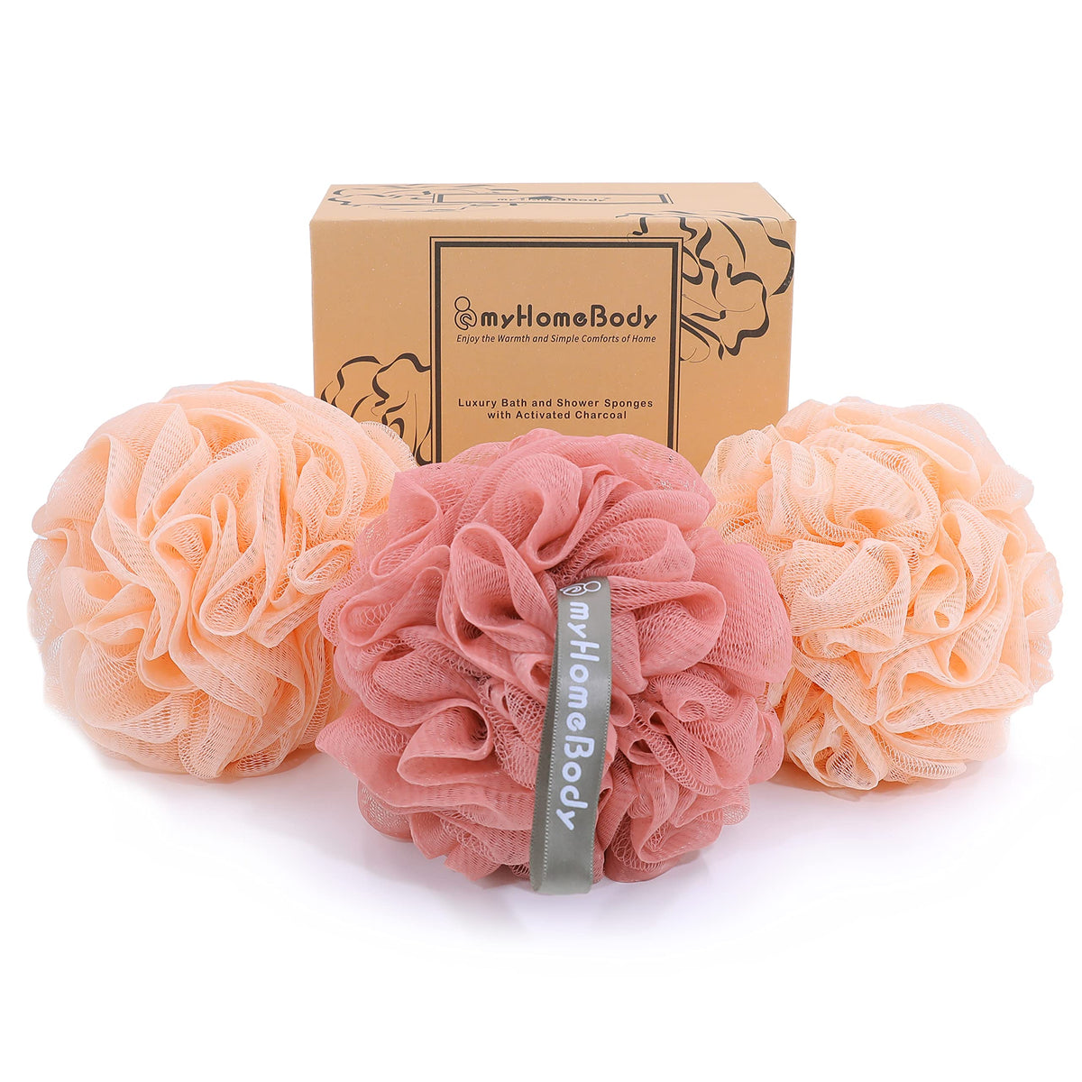 Myhomebody 3 Pack Exfoliating Loofah Sponge With Activated Charcoal - 2 Peach + 1 Coral Red