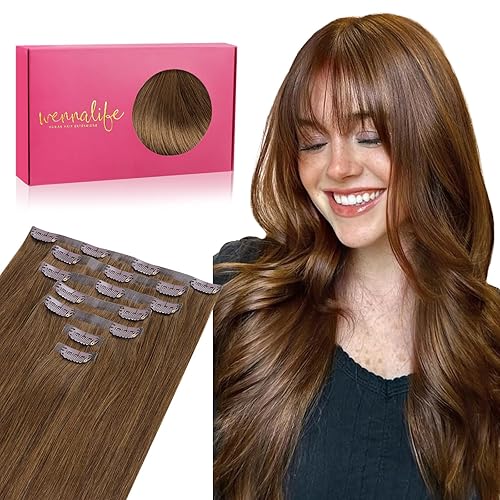 WENNALIFE 16&quot; Seamless Clip In Human Hair Extensions, 130g Light Auburn Brown, 7pcs Remy Hair